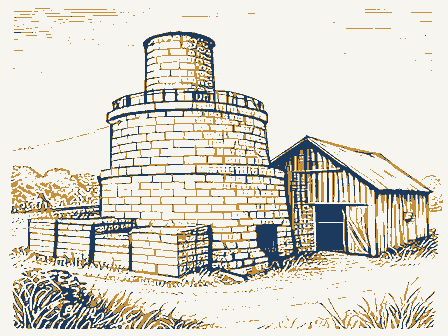 Decorative drawing: a brick kiln with stacked drying bricks and a shed. Not a photograph of this place.