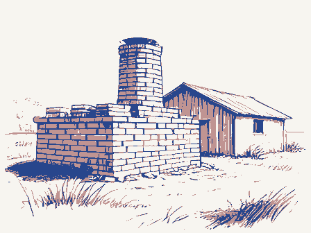 Decorative drawing: a brick kiln with stacked drying bricks and a shed. Not a photograph of this place.