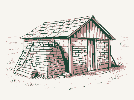 Decorative drawing: a brick kiln with stacked drying bricks and a shed. Not a photograph of this place.