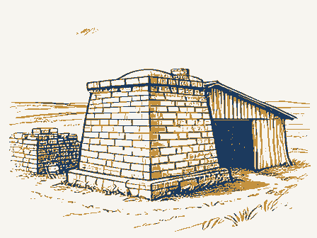 Decorative drawing: a brick kiln with stacked drying bricks and a shed. Not a photograph of this place.