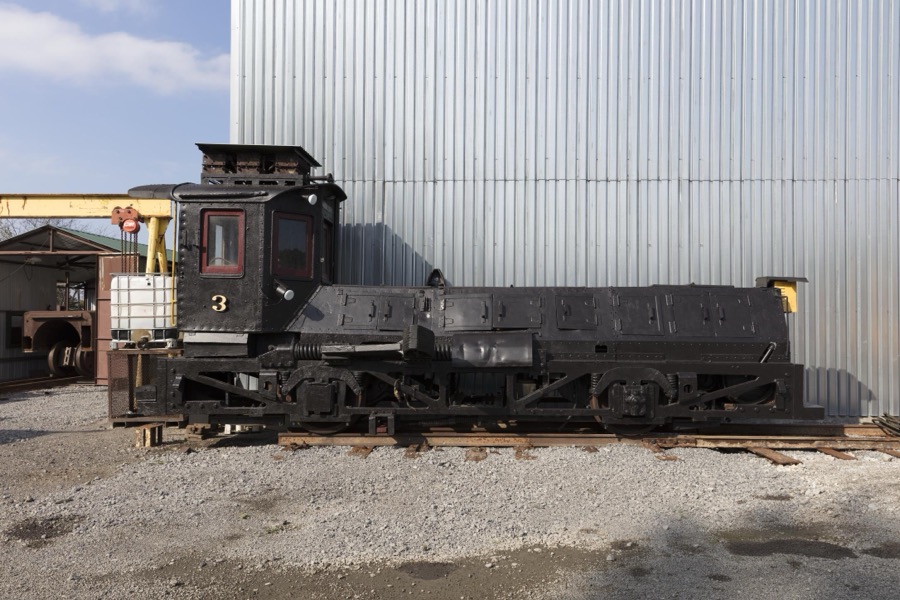 An electrically powered shunt locomotive; part of President Rick Rowlands' and other Youngstown Steel Heritage Foundation members' collection of heavy equipment salvaged during the drastic downturn in Ohio's steel industry and economy