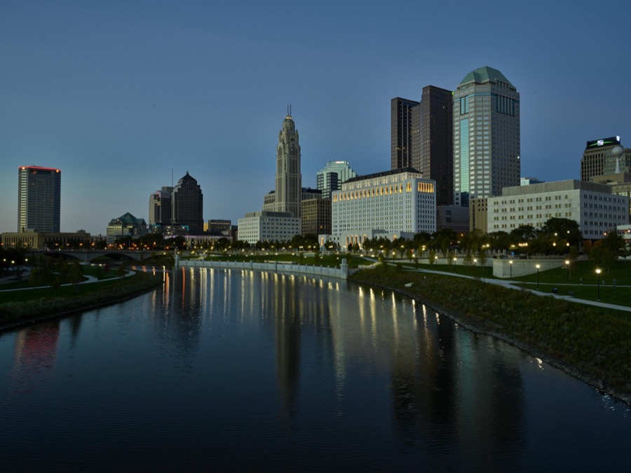 Dusk shot of Columbus, Ohio, from a point along the Scioto River