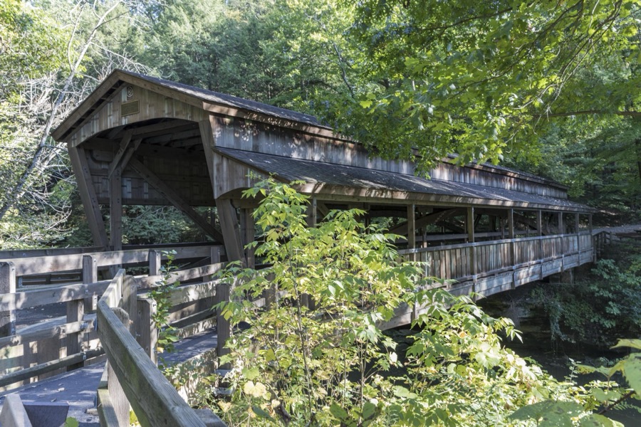 A covered bridge next to Lanterman's Mill in the Mill Creek Metropark within Youngstown, Ohio's city limits