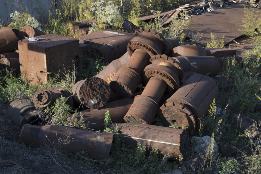Rusted steel-mill remnants in Mahoning County, Ohio, along a stretch of abandoned mills that once bustled with activity beside the Mahoning River between Youngstown and Struthers