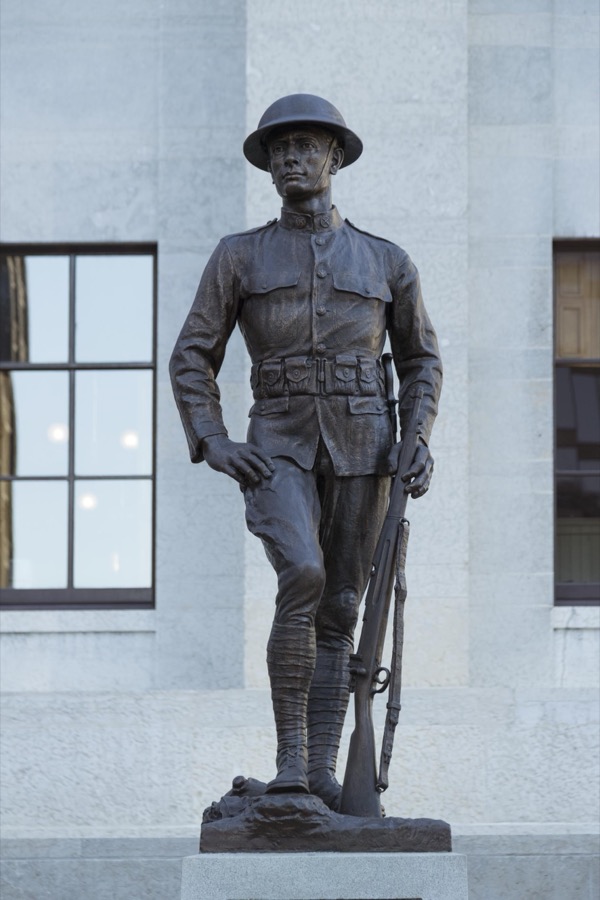 World War I "doughboy" 1930 statue, by Arthur Ivone, atop the Ohio World War Memorial, erected in 1930 at the Ohio  Statehouse, the name for the state capitol used locally, in Columbus, Ohio