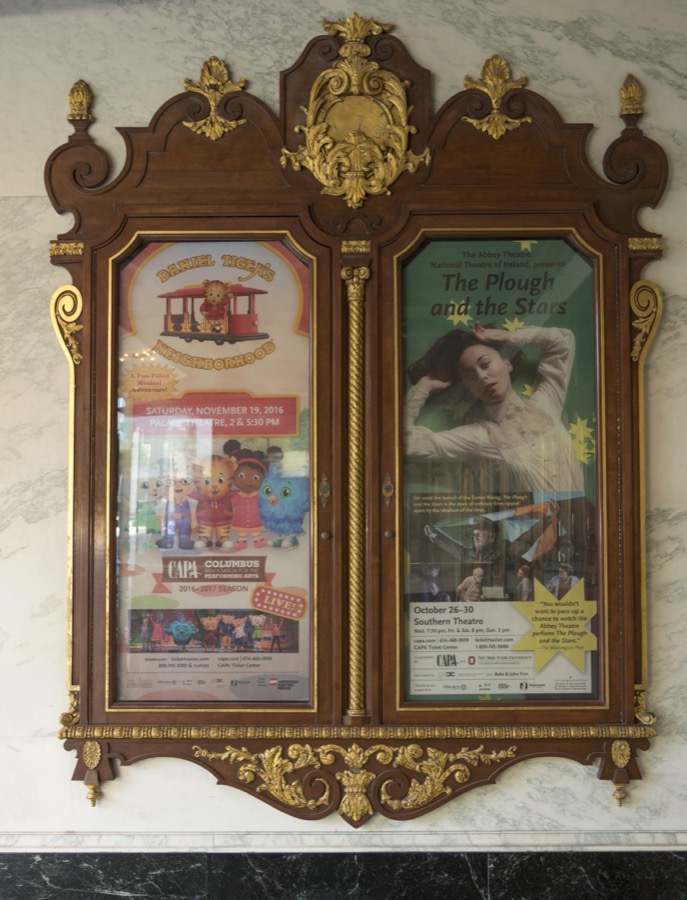 Ornate cabinet promoting coming attractions at the Ohio Theatre, a performing arts center in Columbus, Ohio
