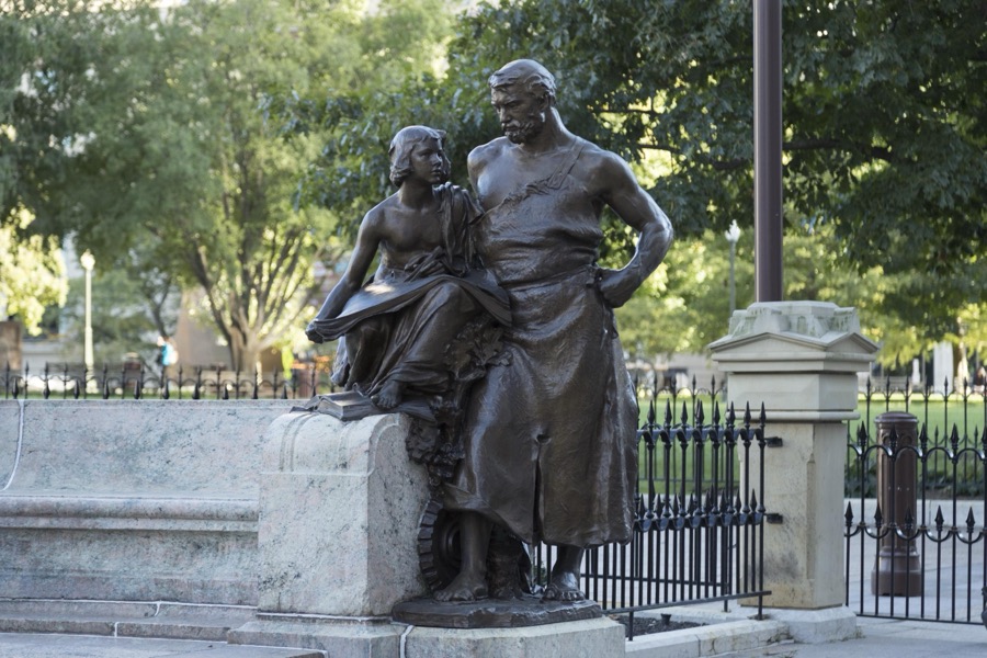 Part of a statuary group dedicated to President William McKinley, an Ohioan, outside the Ohio Statehouse, the name for the state capitol used locally, in Columbus, Ohio