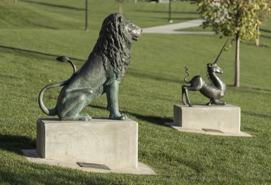 Lion and unicorn statues are two of many animal sculptures at Batelle Riverfront Park in Columbus, Ohio