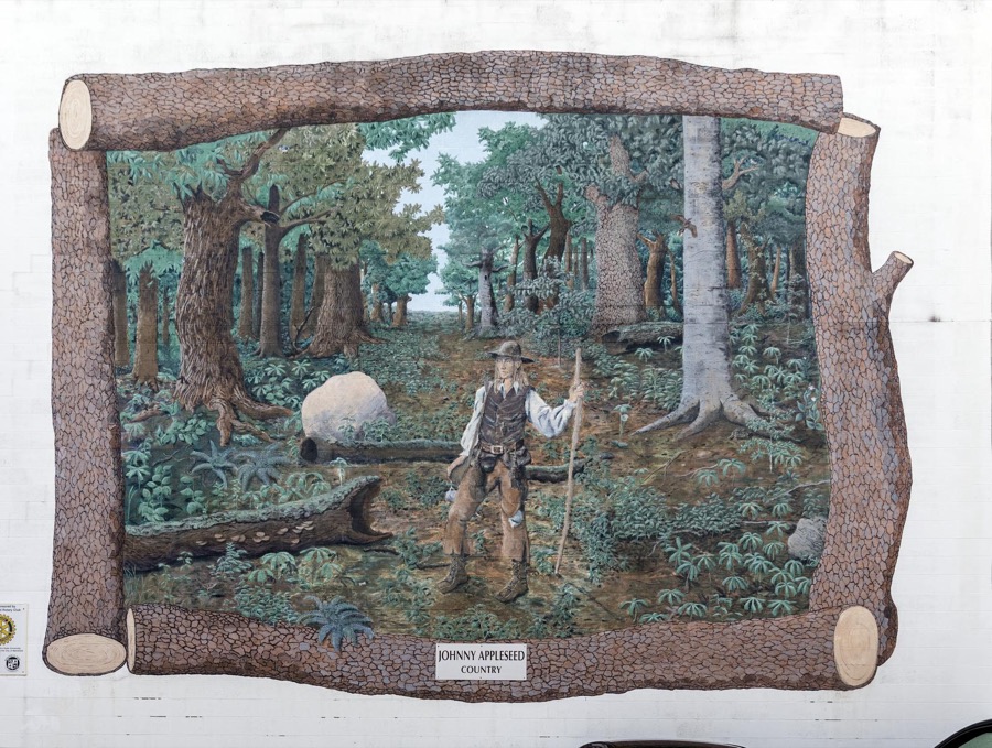 A mural saluting the actual, and especially folklore, figure Johnny Appleseed in downtown Mansfield, Ohio