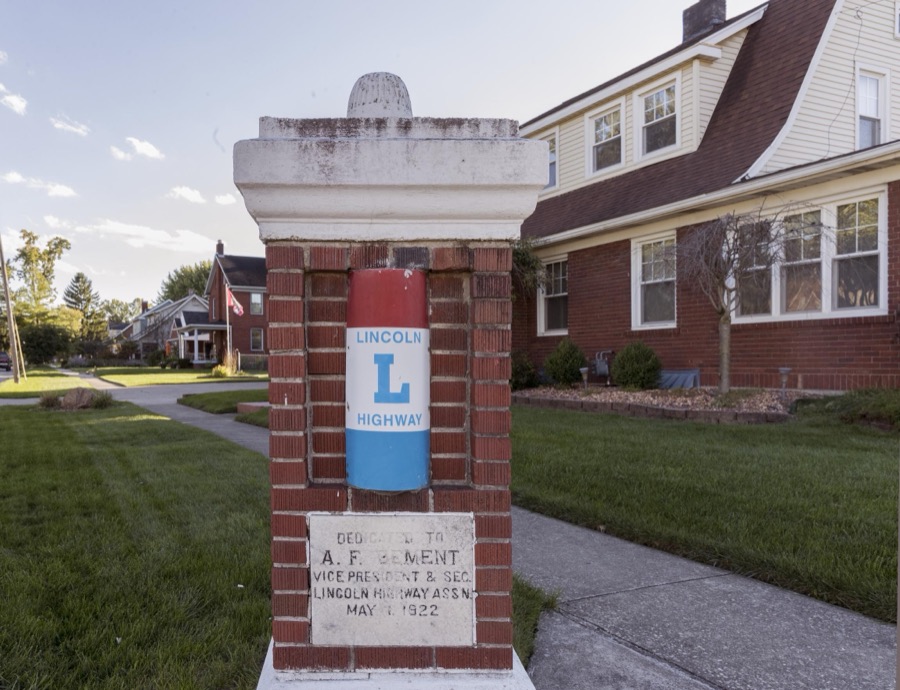One of two adjacent Lincoln Highway-designation pillars in Bucyrus, a small city in central Ohio that lies along the historic, originally two-lane, highway that was the first U.S. roadway, numbered U.S. 30 in much of its route, to cross the entire United States in the 1930s