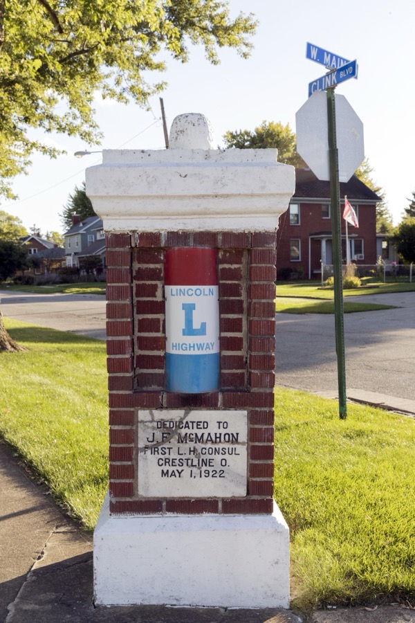 One of two adjacent Lincoln Highway-designation pillars in Bucyrus, a small city in central Ohio that lies along the historic, originally two-lane, highway that was the first U.S. roadway, numbered U.S. 30 in much of its route, to cross the entire United States in the 1930s