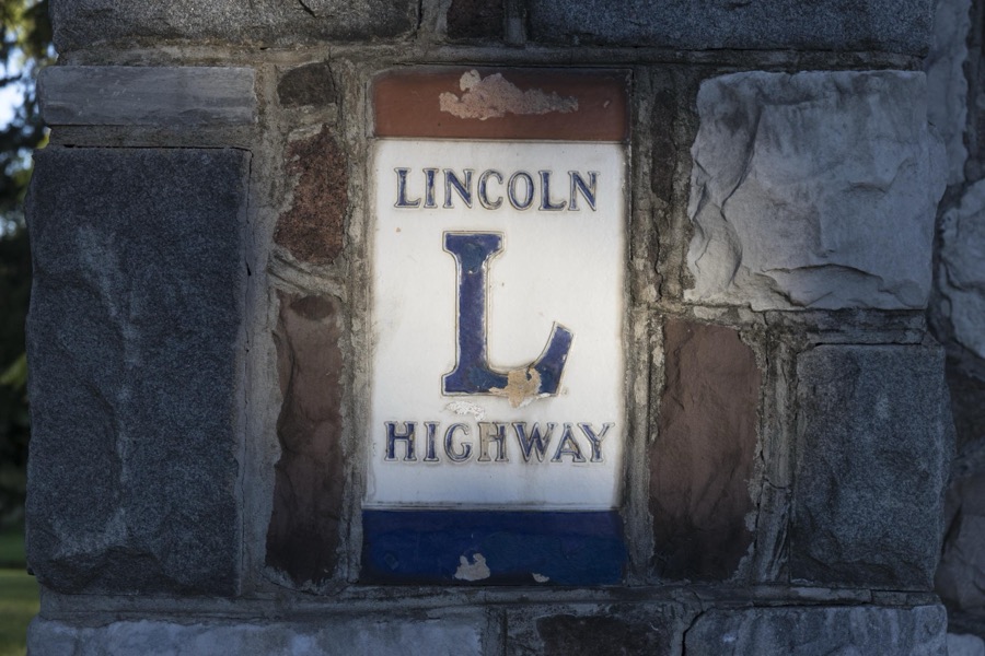Lincoln Highway emblem embedded in the Hopley Monument in Bucyrus, a small city in central Ohio that lies along the historic, originally two-lane, highway that was the first U.S. roadway, numbered U.S. 30 in much of its route, to cross the entire United States in the 1930s