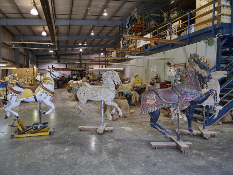 In Mansfield, Ohio, works in progress await completion at the Carousel Works, the world's largest maker of carousels, sometimes called "merry-go-rounds"