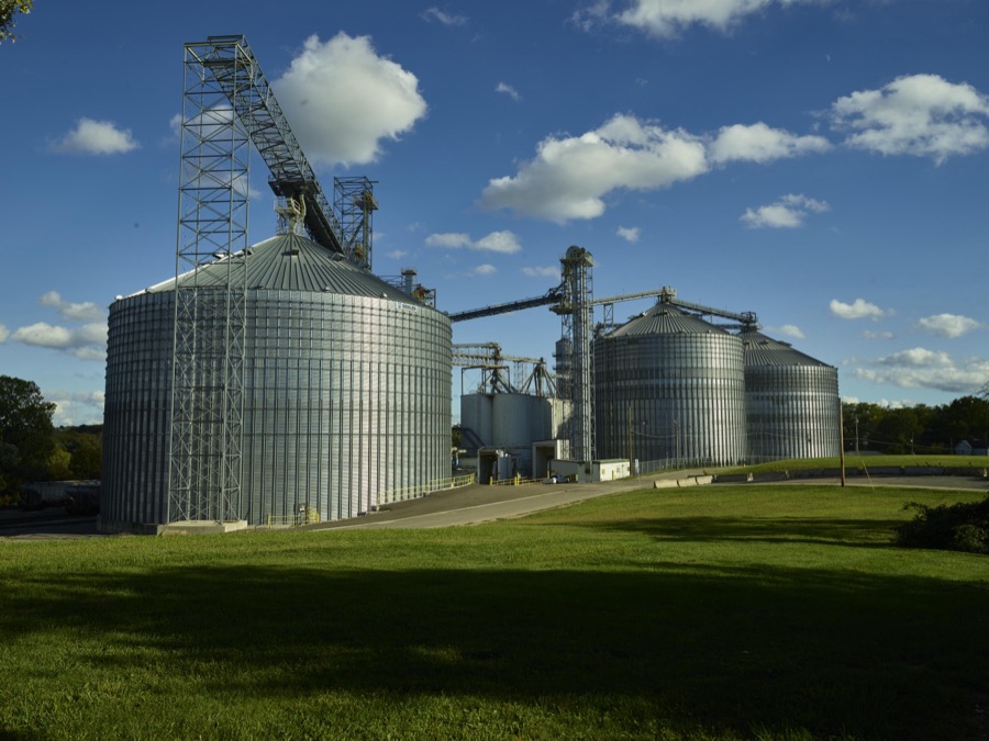 Massive steel grain silos in Mansfield, Ohio