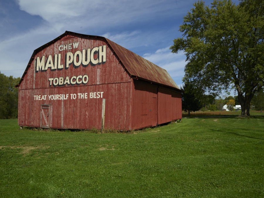 A "Mail Pouch Barn" in Stark County, Ohio, near Brewster, featuring one of the hundreds of painted advertisements for the chewing tobacco that appeared throughout the American South and Midwest in the late-18th and early-20th centuries