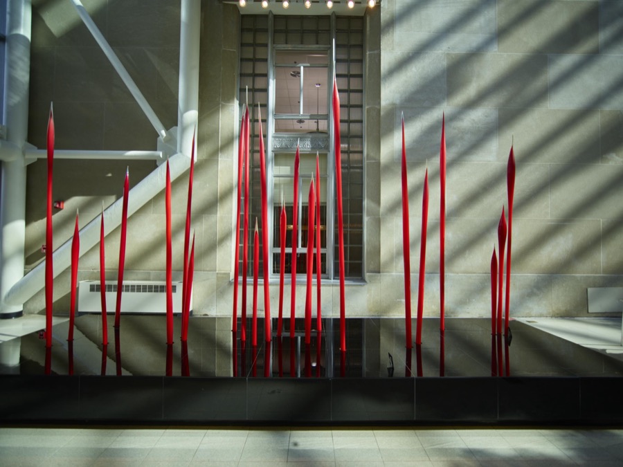 Dale Chihuly's modernist sculpture, "The Reeds," inside the Toledo-Lucas County Public Library in Toledo, Ohio, which has both a 1940 historic core and a 2001 modernist architectural addition