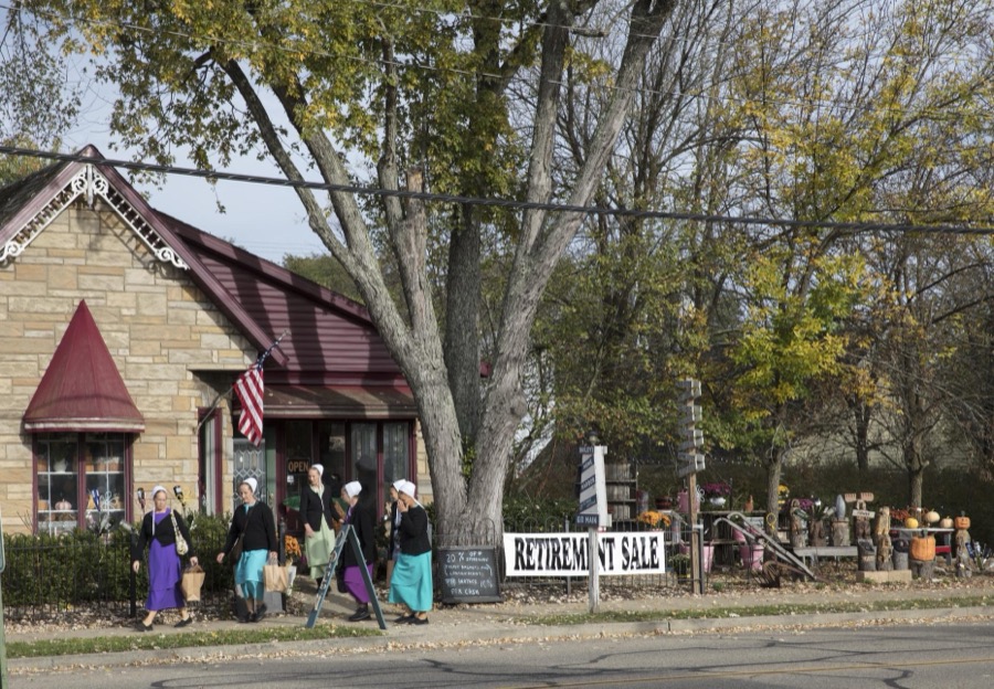 A group of Amish women leave a gift shop in Dresden, a small Central Ohio town that has carved out a tourist niche through its many little stores that specialize in decorative baskets and related household items