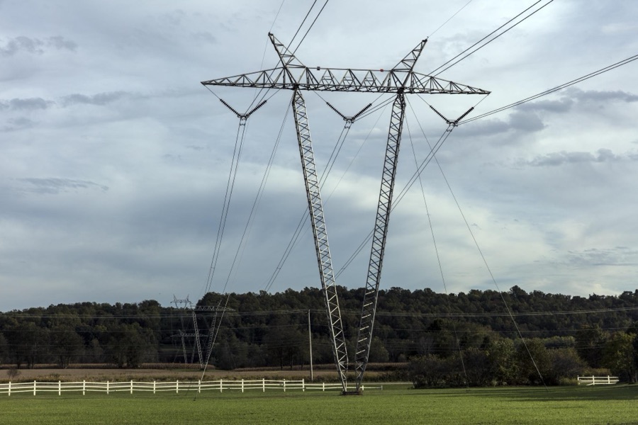 A line of enormous power towers and electric cables in Muskingum County, Ohio
