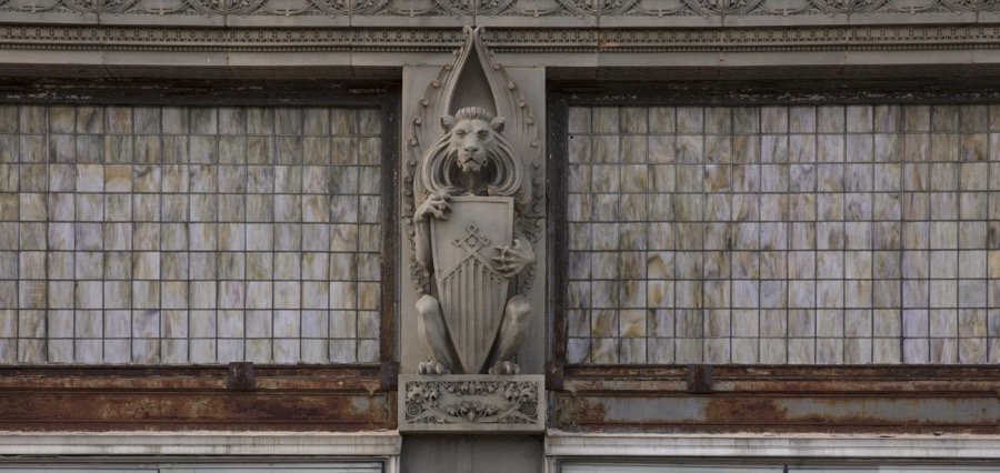 Exterior architectural details on the 1915 Home Building Association Bank building in Newark, Ohio