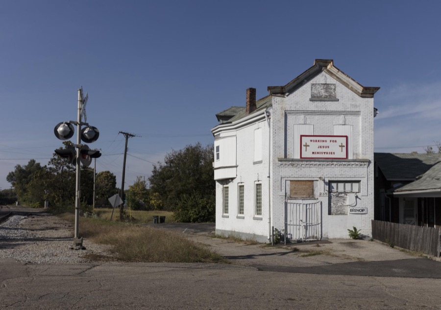 An abandoned former storefront church in a primarily African-American neighborhood west of downtown Dayton, Ohio
