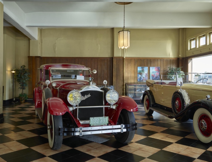 Display of classic Packard automobiles at America's Packard Museum, an automotive museum located in the former Citizens Motorcar Company auto-dealership building where Packards were sold beginning in 1908 in Dayton, Ohio
