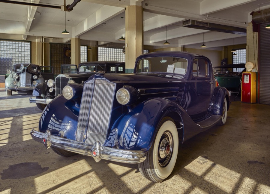 Display of classic Packard automobiles at America's Packard Museum, an automotive museum located in the former Citizens Motorcar Company auto-dealership building where Packards were sold beginning in 1908 in Dayton, Ohio