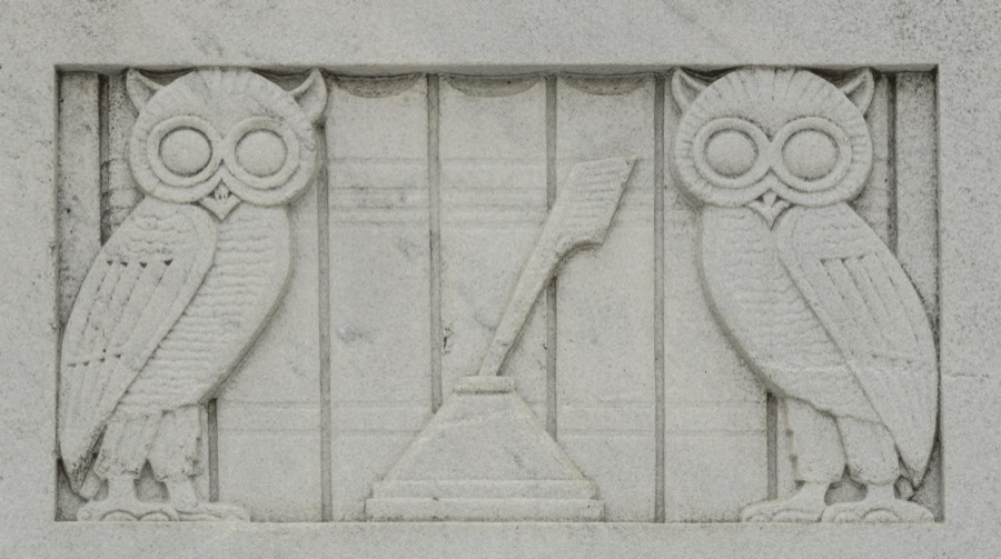 Owl detail on an exterior wall of the Thomas J. Moyer Ohio Judicial Center, home of the Ohio Supreme Court in Columbus, Ohio, designed by architect Harry Hake
