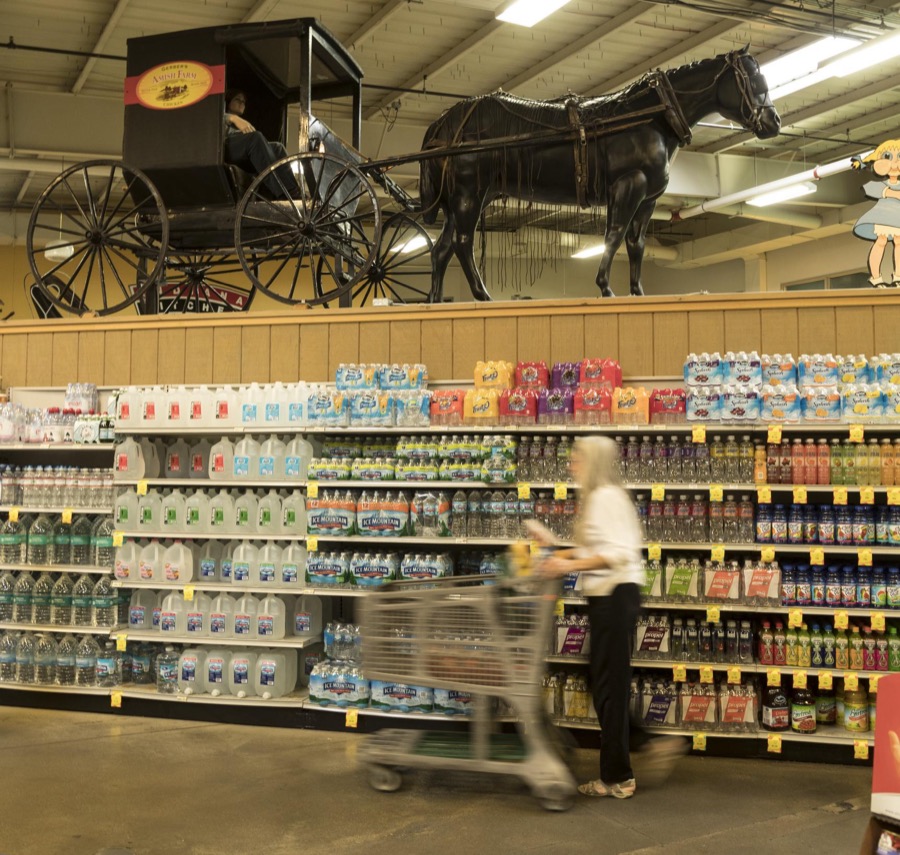 A full-sized model Amish horse and buggy above supermarket food shelves in the Jungle Jim's International Market in the Cincinnati suburb of Fairfield, Ohio