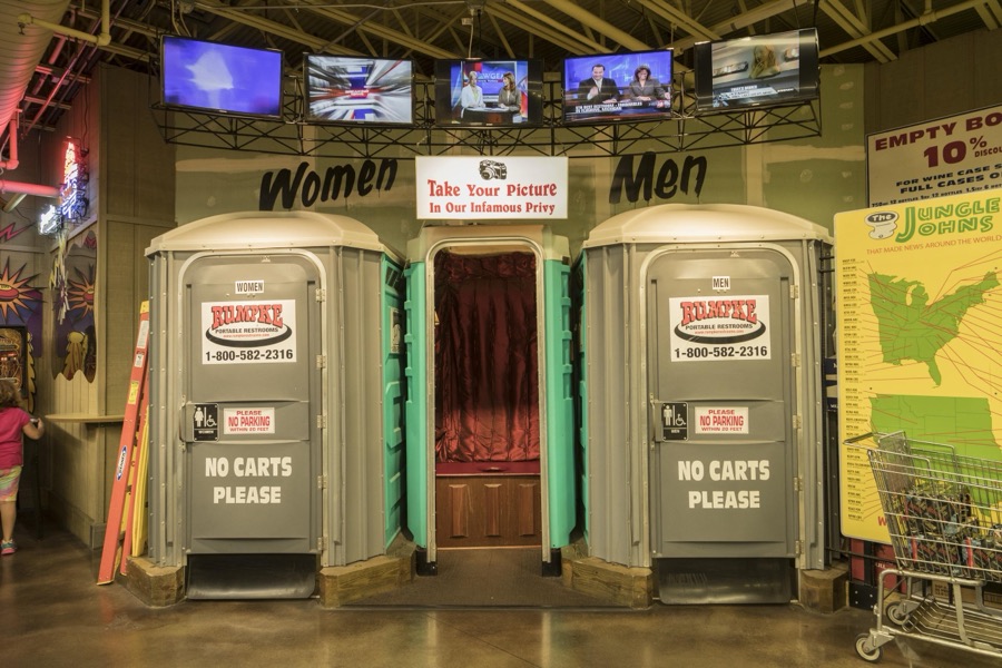 Model (not functioning) Porta Potties, or movable toilets, designate the entrance to the real restrooms at Jungle Jim's International Market in the Cincinnati suburb of Fairfield, Ohio