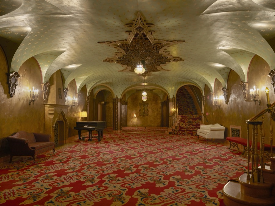 The elegant lobby of the Ohio Theatre in Columbus, Ohio, which after its deterioration and closing in 1969 came as close as the width of the gap between a wrecking ball and three determined preservationists, standing in the way, to demolition