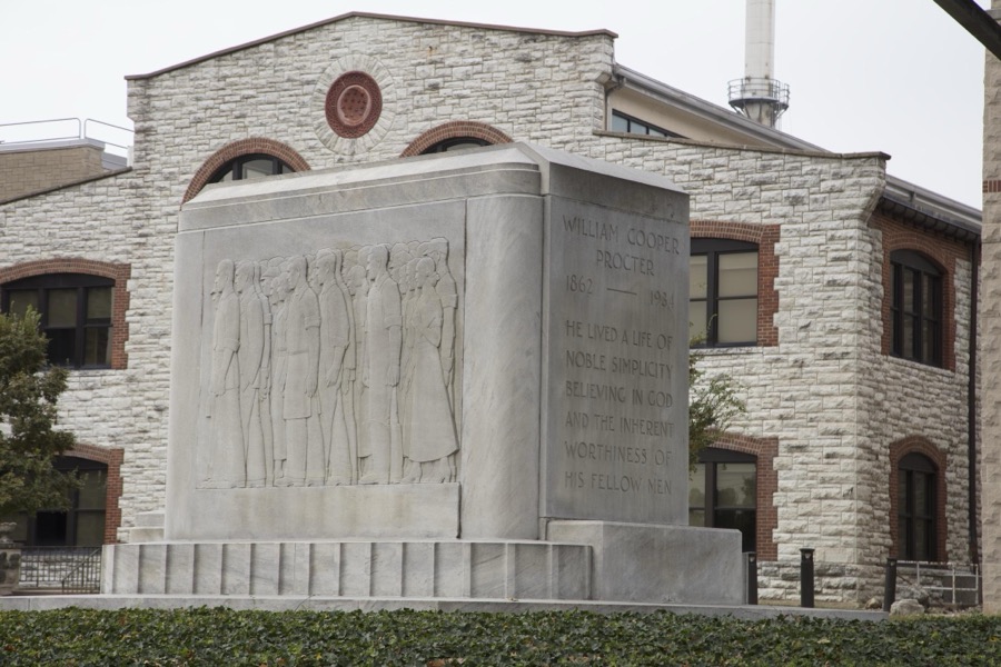 Monument to William Cooper Proctor [i.e. Procter] outside the company's Ivorydale factory, now just a small chemical plant making ingredients for Tide detergent, in the heavily industrial Village of St. Bernard, a close-in suburb of Cincinnati, Ohio
