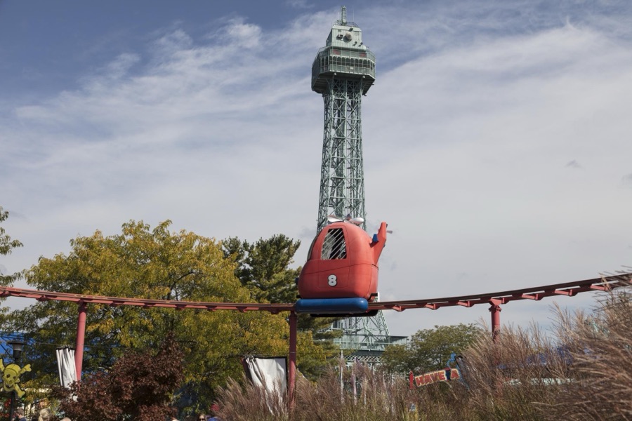 The one-third scale version of France's Eiffel Tower at King's Island theme park in Mason, a northeastern suburb of Cincinnati, Ohio, serves as an observation tower for the 364-acre amusement park