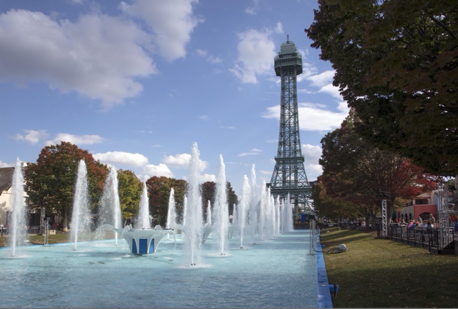 Fountains erupt near a one-third scale version of France's Eiffel Tower at the King's Island theme park in Mason, a northeastern suburb of Cincinnati, Ohio