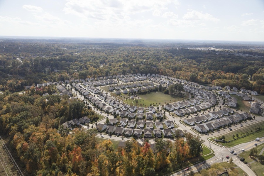 Aerial view of a suburban housing subdivision in Clermont County, Ohio, outside Cincinnati