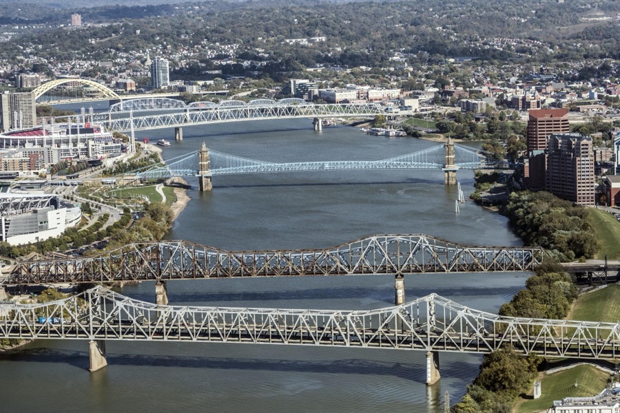 Aerial view of the array of bridges connecting Kentucky (to the right) to Cincinnati, Ohio