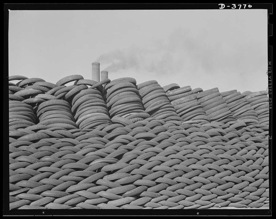 Rubber reclamation. Scrap tires mobilized for Victory. Millions of discarded casings cover more than 100 acres at one Midwest recovery plant. Systematic piling and sectional arrangement reduce fire hazard. Special processes will separate metal from the tires and tube bodies. The reclaimed material will be used to manufacture thousands of essential mechanical rubber products. Firestone