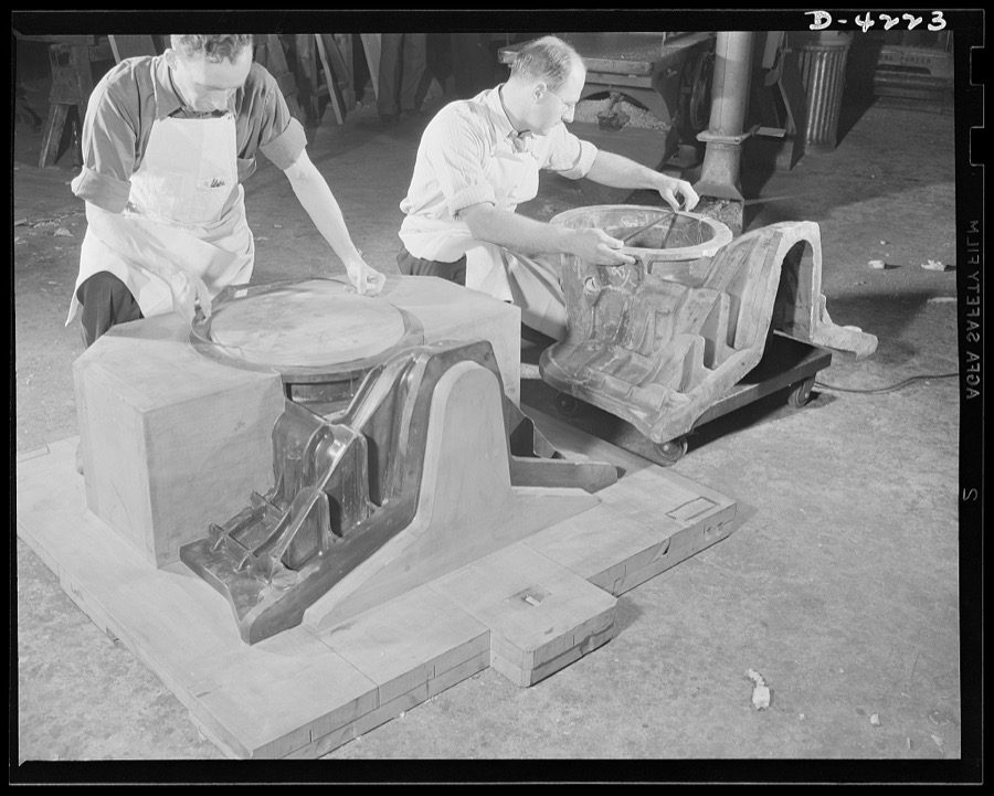 Production. Diesel engines. A pattern for a diesel blower housing is checked by the skilled pattern makers of a Midwest engine plant. Good patterns help the war production drive by speeding foundry and machine operations