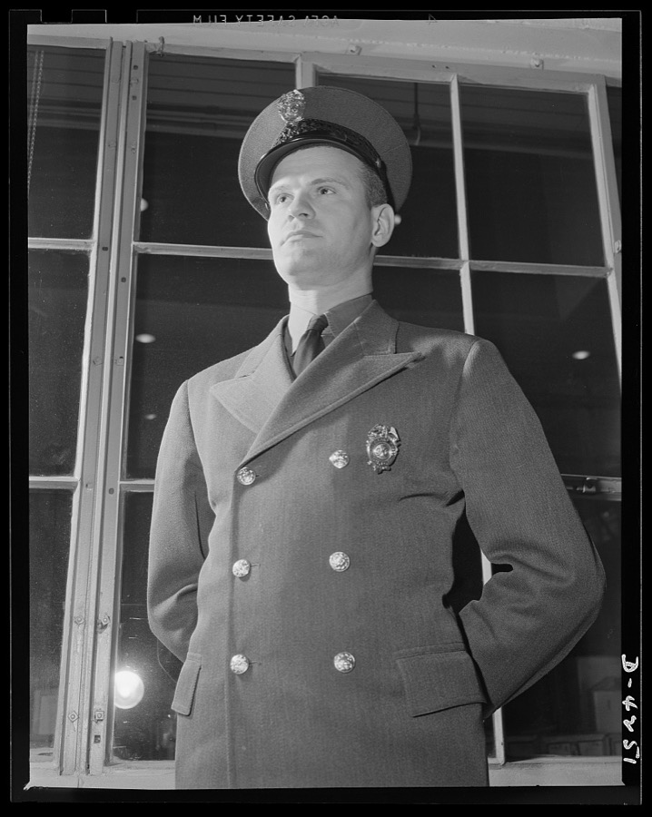 Production. Diesel engines. Plant policeman at a big Midwest manufacturing plant producing diesel engines for the Navy