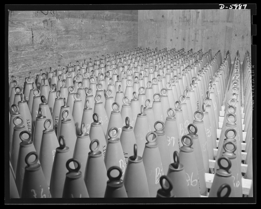 Production. 155mm shells. A carload of 155mm shell bodies ready for shipment from the converted auto plant in which they were made. They will be taken to loading plants where they will be filled with propelling and explosive charges. Willy's, Toledo, Ohio