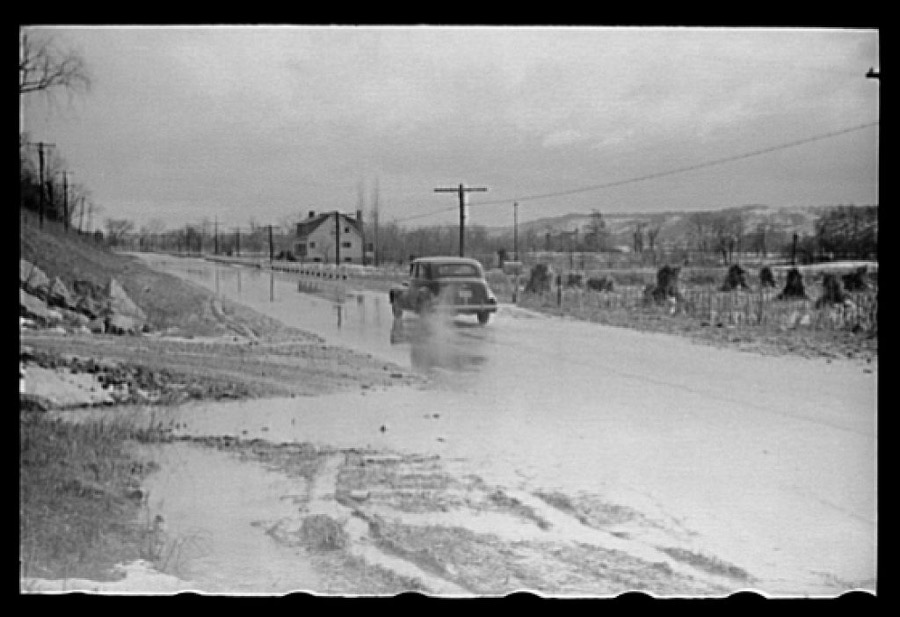 Water on highway due to melting snow, Clermont County, Ohio