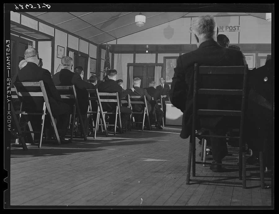 Union Meeting of the Fore River shipyard workers in Quincy, Massachusetts (IUMSWA-Industrial Union of Marine and Shipbuilding Workers of America). Defense housing was discussed