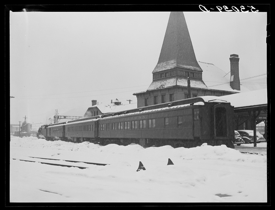 Railroad station during blizzard. North Adams, Massachusetts
