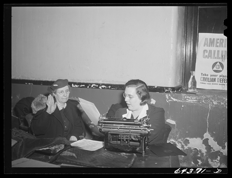 Marietta, Ohio. Housewives signing up for civilian defense in basement of the courthouse