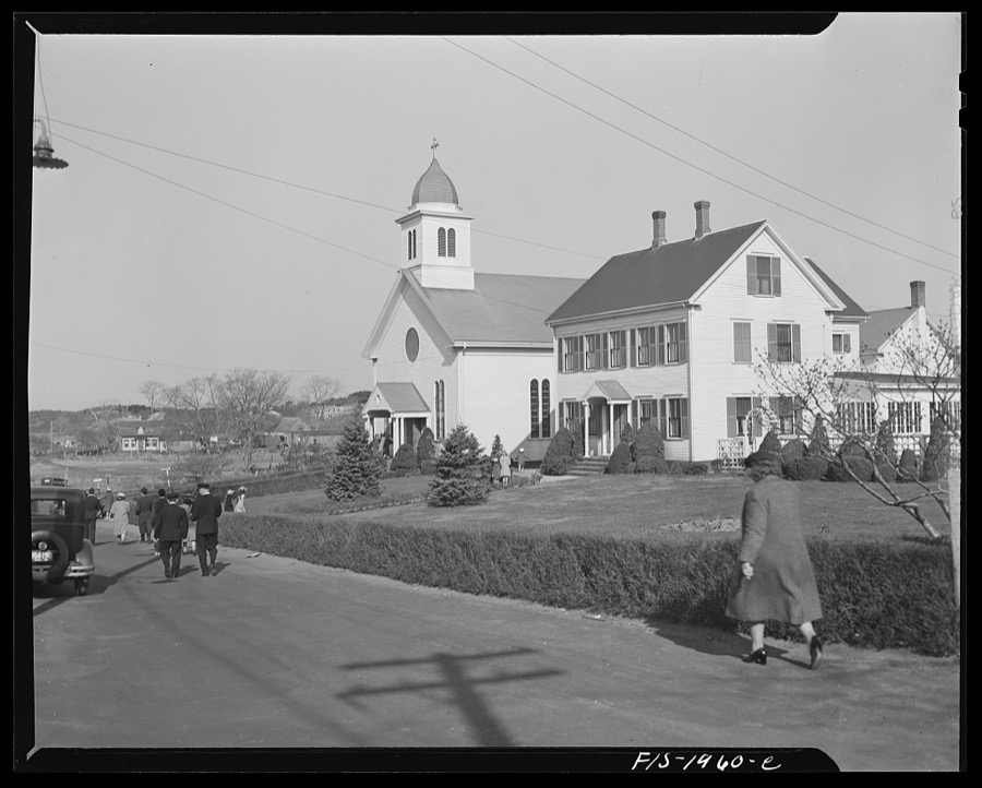 Provincetown, Massachusetts. Congregation leaving church in a Portuguese section