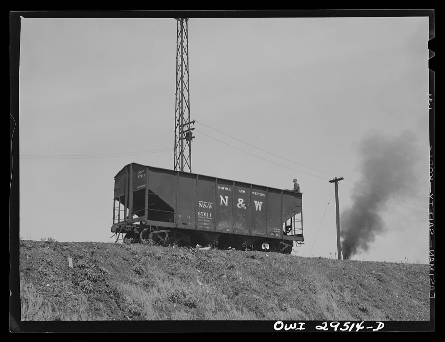 Sandusky, Ohio. A carload of coal going over the hump at the classification yard where trains of cars are made up to go to the Pennsylvania Railroad docks