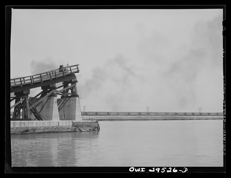 Sandusky, Ohio. The kick-back trestle of the Pennsylvania Railroad number two dock. In the distance, a switch engine that has just delivered a trainload of coal, is going back to the storage yard for more