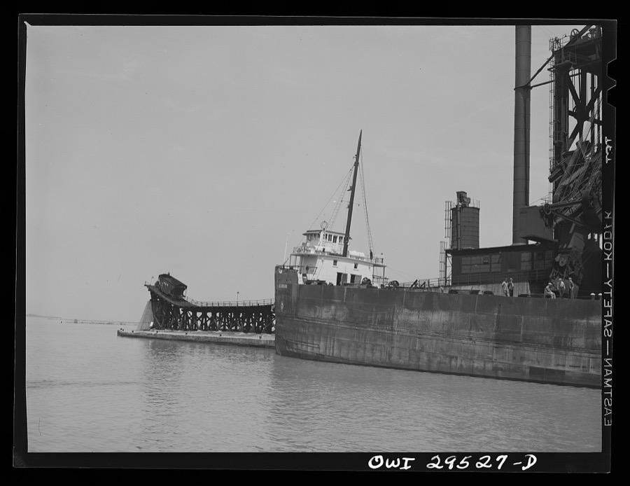 Sandusky, Ohio. Loading coal into a freighter at one of the Pennsylvania Railroad docks