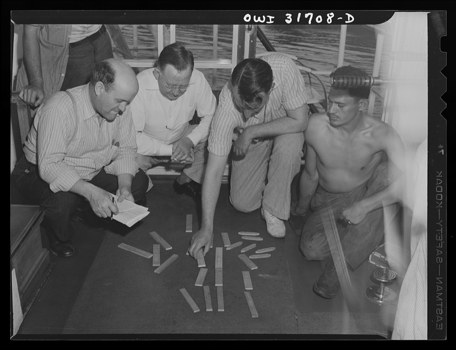Gallipolis, Ohio. Making up the arrangement of tow aboard the Ernest T. Weir, a towboat