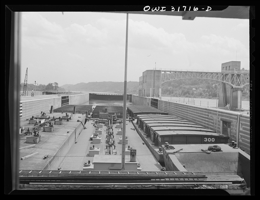 Gallipolis, Ohio. Barges entering the locks as seen from the towboat Charles T. Campbell