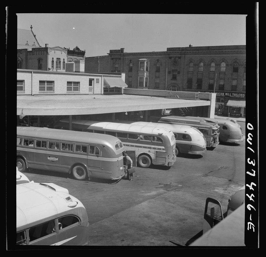 Columbus, Ohio. Buses pulled up at the Greyhound station